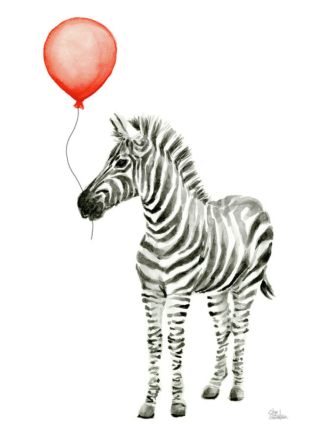 Zebra Painting - Zebra with Red Balloon Whimsical Baby Animals by Olga Shvartsur