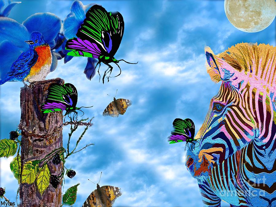 Zebras Birds and Butterflies Good Morning My Friends Painting by Saundra Myles