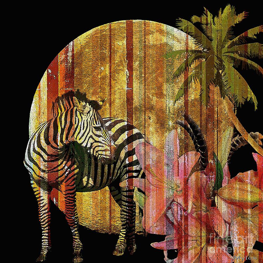 Zebra Painting - Zebras Lilies and Moonlight by Saundra Myles
