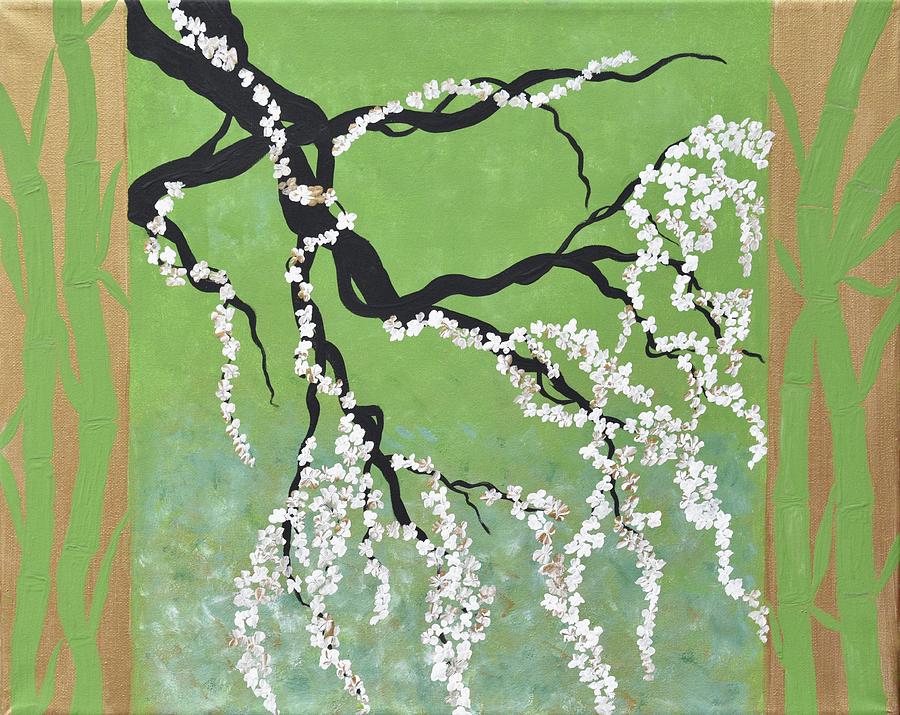 Zen Bamboo Painting Cherry Blossoms Art Oriental Flower Art WHite GOlden Cherry Blossoms Painting Painting by Geanna Georgescu