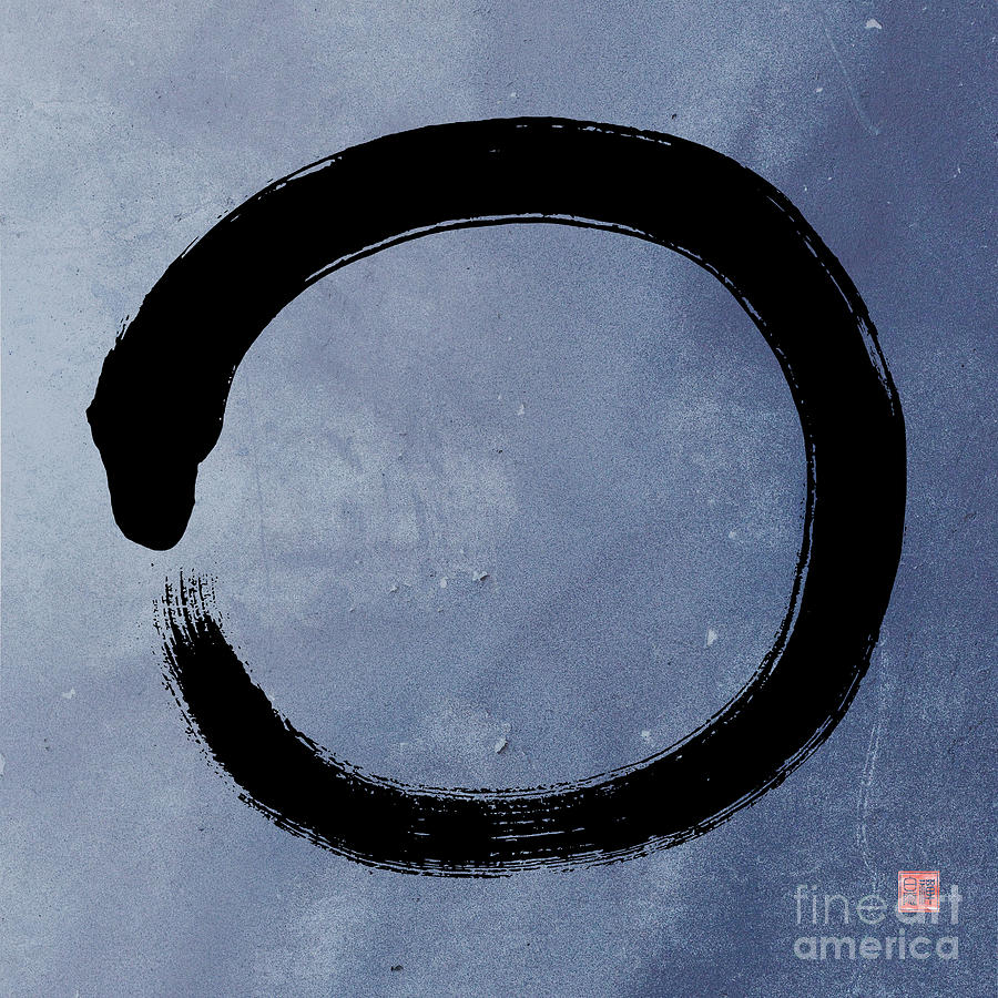 Zen Enso - Zen Circle 2 - Black on Textured Blue Painting by Kithara Studio