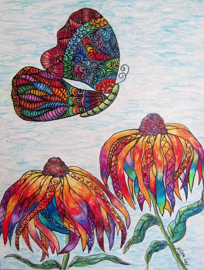 Zen flowers and a Butterfly Drawing by Megan Walsh