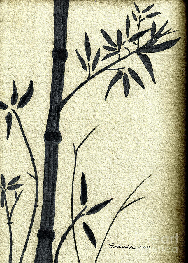 Zen Sumi Antique Bamboo 1a Black Ink on Fine Art Watercolor Paper by Ricardos Mixed Media by Ricardos Creations