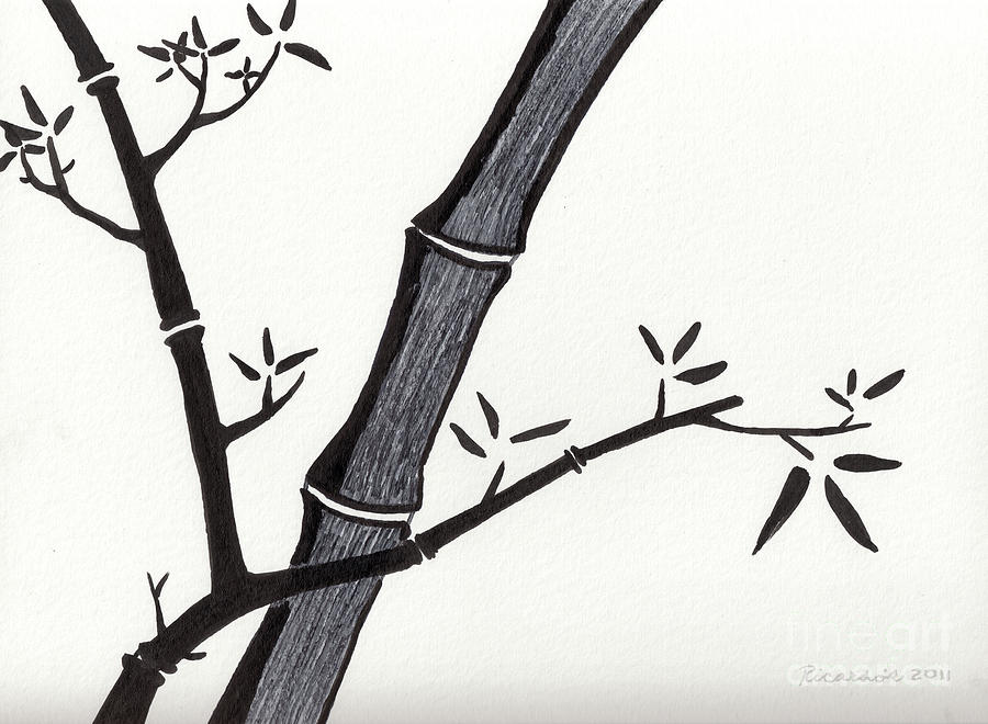 Zen Sumi Bamboo 2a Black Ink on Watercolor Paper by Ricardos Drawing by Ricardos Creations