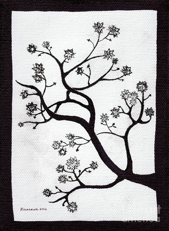 Zen Sumi Bush Black Ink on White Canvas by Ricardos Drawing by Ricardos Creations