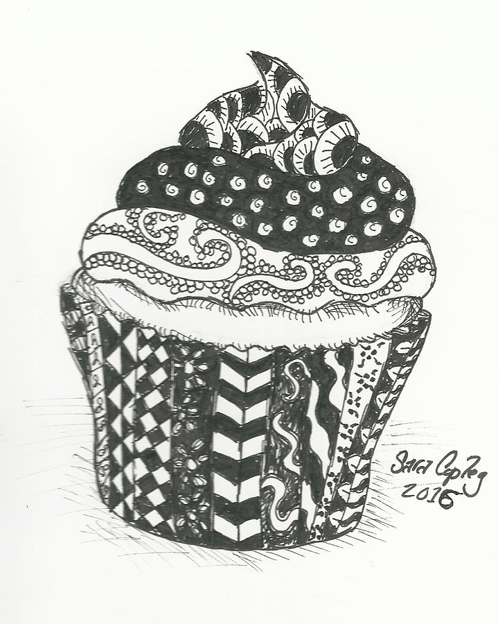 Zentangle Cupcake Drawing by Sara Copley