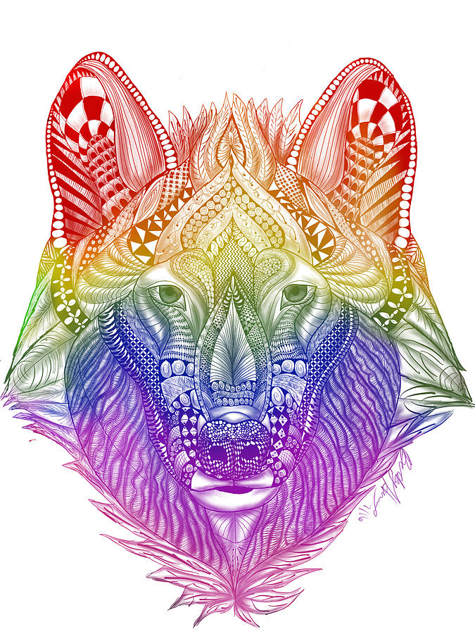 Zentangle Inspired Art- Rainbow Wolf Painting by Becky Herrera