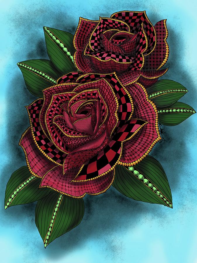 Zentangle Tattoo Rose Colored Painting by Becky Herrera