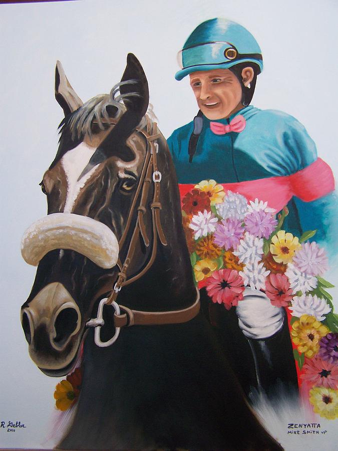 Horse Painting - Zenyatta with Jockey Mike Smith by Robert E Gebler