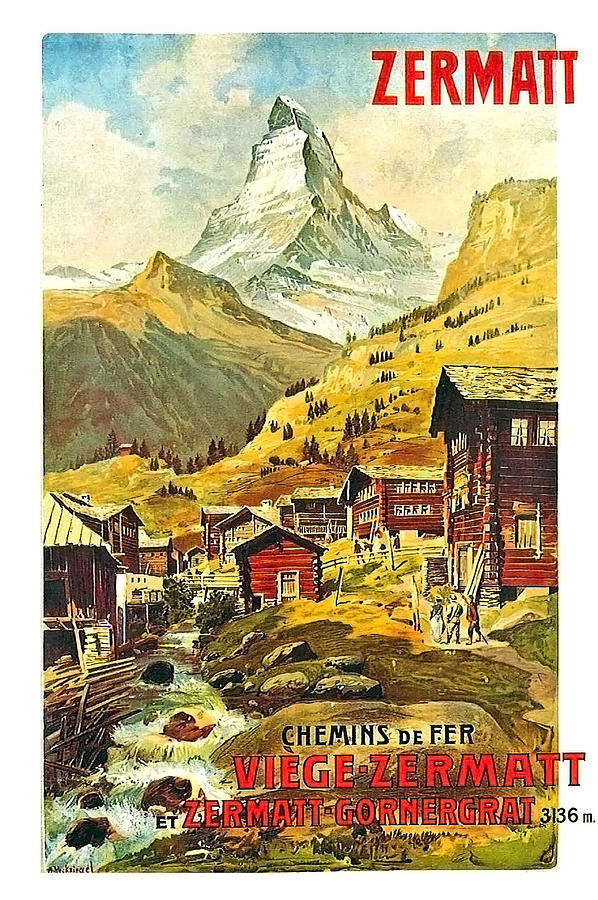 Vintage Painting - Zermatt, landscape, Switzerland, travel poster by Long Shot