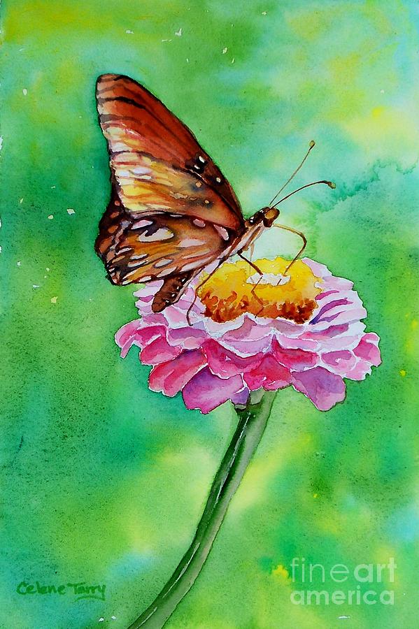 Zinnia Allure Painting by Celene Terry