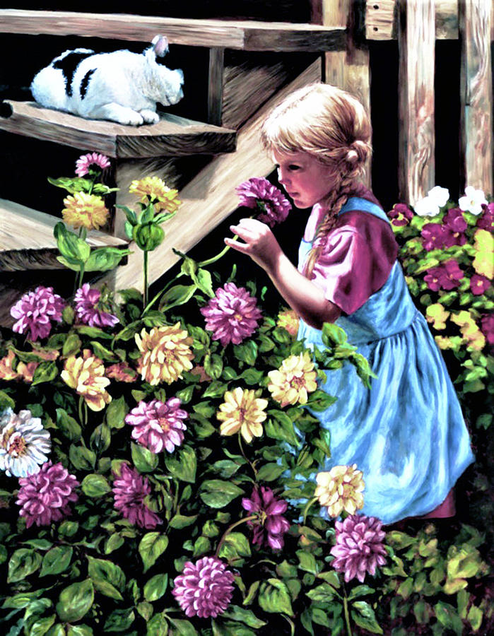 Zinnias and Elizabeth Painting by Marie Witte