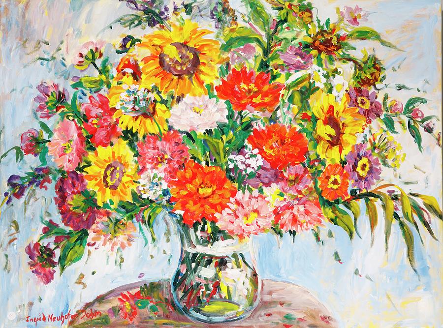 Zinnias and Sunflowers Painting by Ingrid Dohm