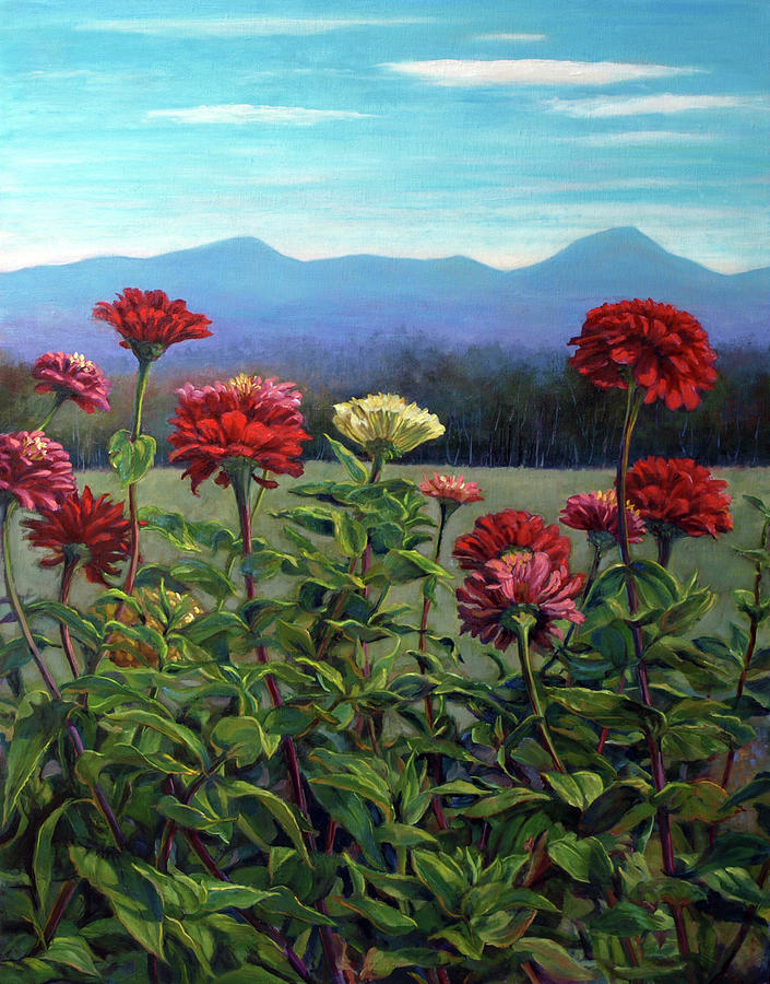 Zinnias and the White Mountains Painting by Marie Witte