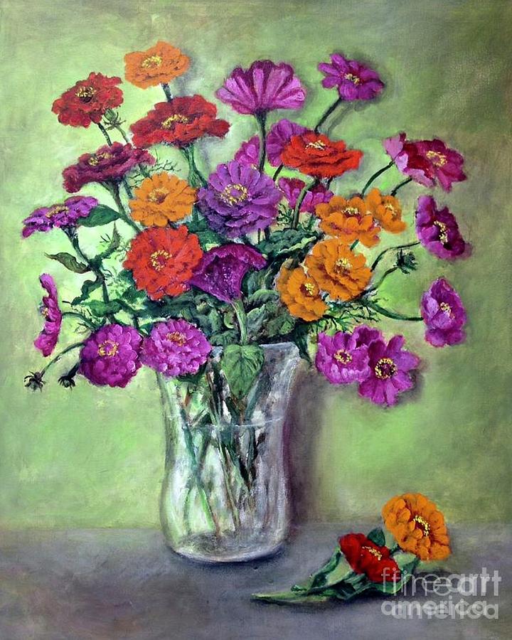 Zinnias, Cosmos and Celosia Painting by Rand Burns