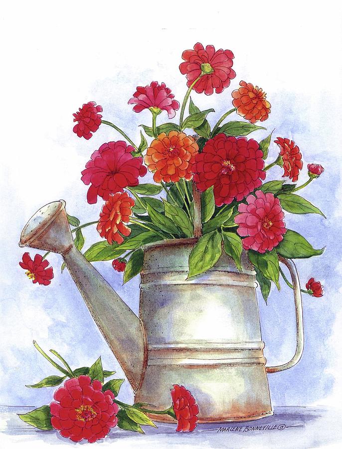 Flower Mixed Media - Zinnias in a Watering Can by Marlene Bonneville