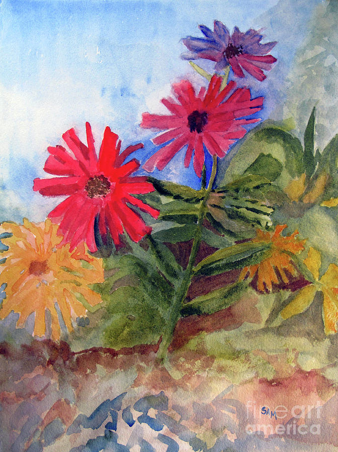 Zinnias in the Garden Painting by Sandy McIntire