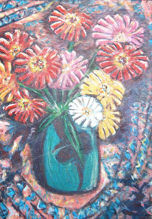 Zinnias in the Sun Painting by Carolyn Donnell