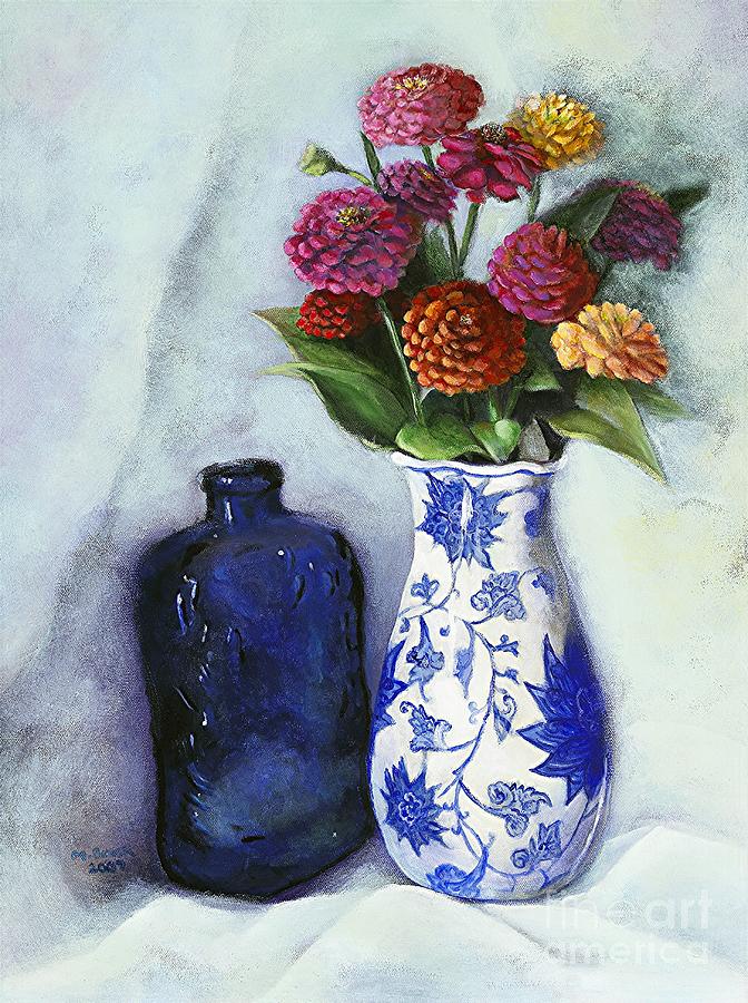 Zinnias with Blue Bottle Painting by Marlene Book
