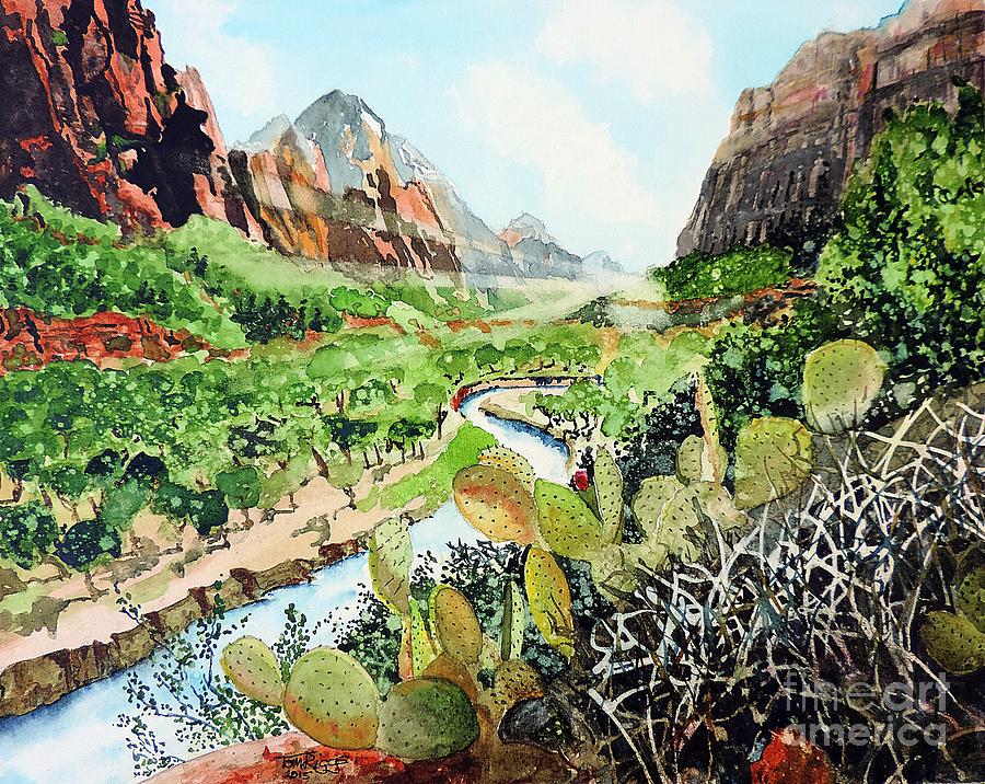 Zion and The Virgin River Painting by Tom Riggs
