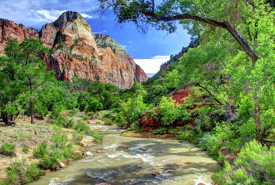 Zion N P # 43 - Virgin River and The Watchman Photograph by Allen Beatty