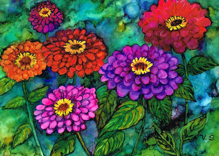 Flower Painting - Zippy Zinnias by Val Stokes