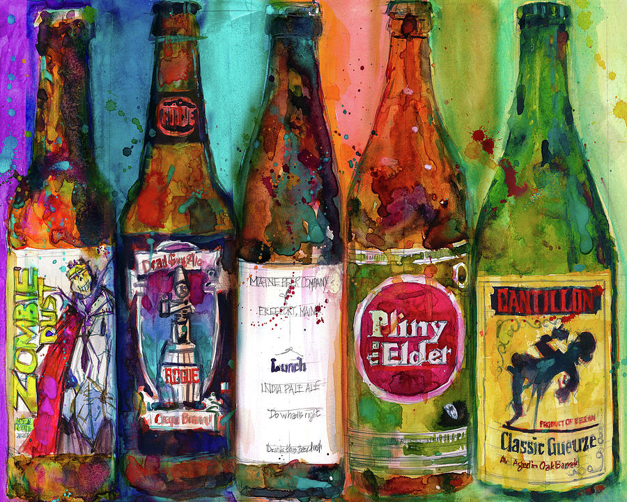 Beer Painting - Zombie Dust, Dead Man Ale, Lunch, PlinytheEdler, Centillion Combo Fancy Beer Man Cave by Dorrie Rifkin