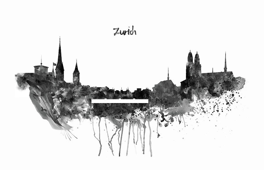 Zurich Black and White Skyline Painting by Marian Voicu