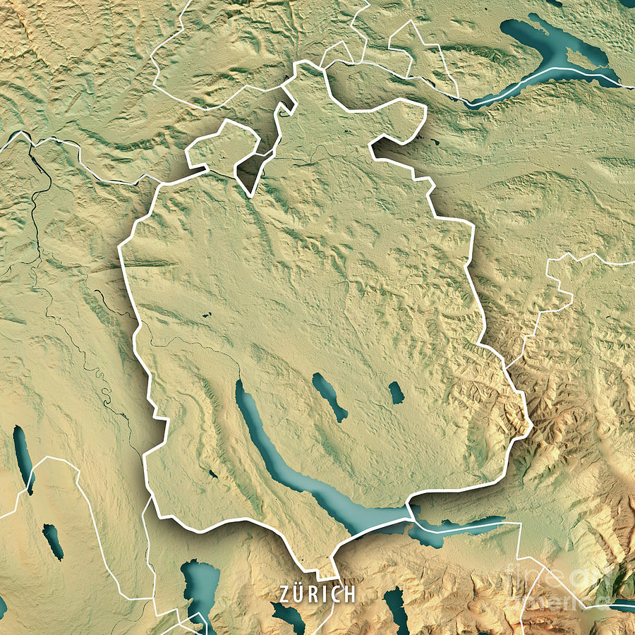 Zurich Canton Switzerland 3D Render Topographic Map Border Digital Art