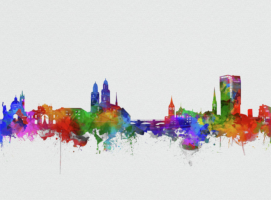 Zurich City Skyline Watercolor 2 Digital Art