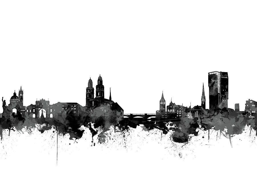 Zurich Skyline Black And White Digital Art