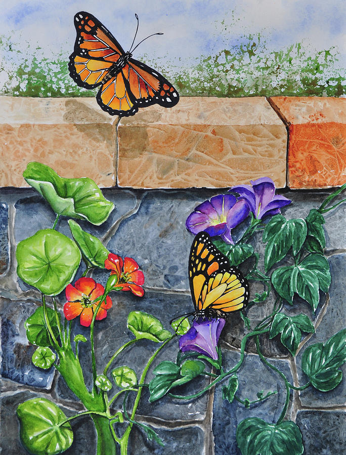 Animal Painting - 002 Monarchs, Nasturtiums And Morning Glories by Charlsie Kelly