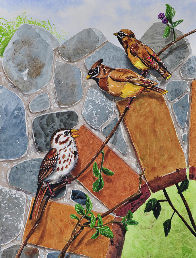 Animals Painting - 005 Song Sparrow And Cedar Waxwings by Charlsie Kelly Animals Painting - 005 Song Sparrow And Cedar Waxwings by Charlsie Kelly