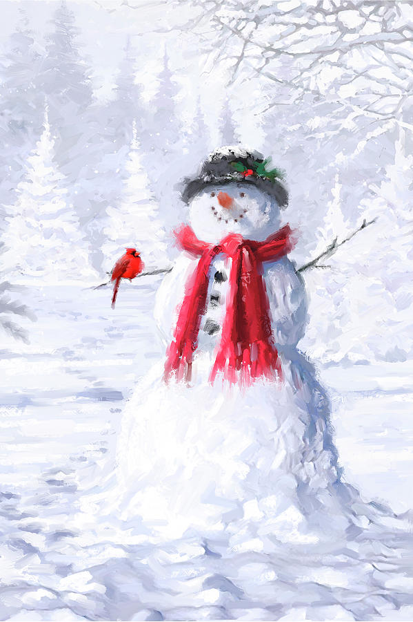 0317 Snowman With Cardinal Mixed Media by The Macneil Studio