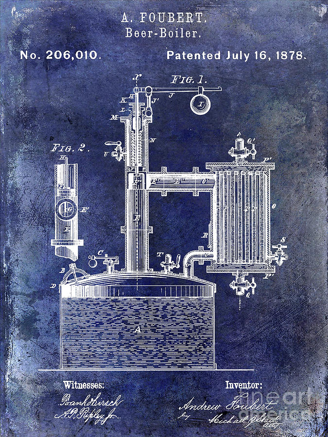 1878 Beer Boiler Patent Blue Photograph by Jon Neidert