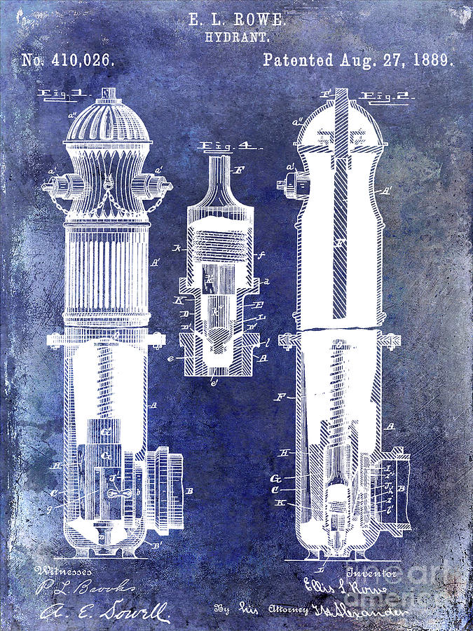 1889 Fire Hydrant Patent Blue Photograph by Jon Neidert