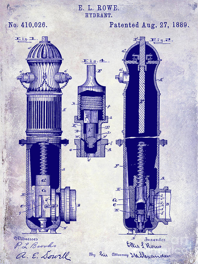 1889 Fire Hydrant Patent Blueprint Photograph by Jon Neidert
