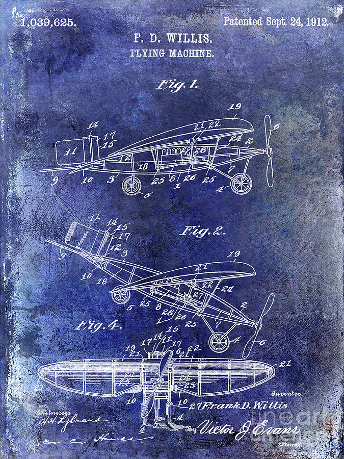 1912 Flying Machine Patent Blue Photograph by Jon Neidert