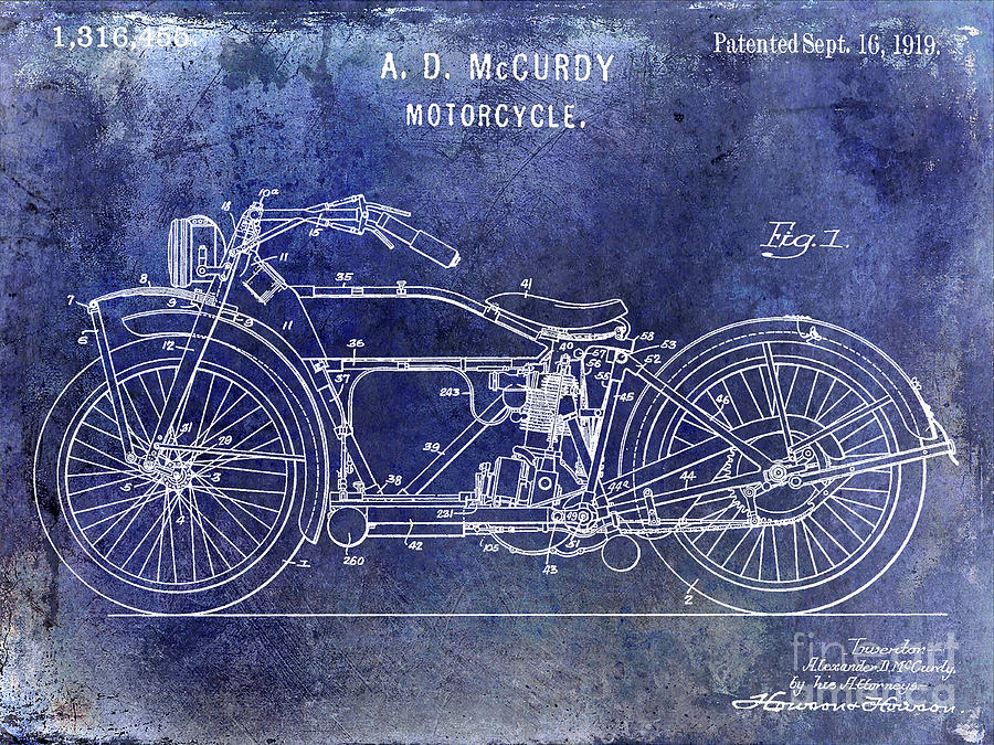 1919 Motorcycle Patent Blue Photograph by Jon Neidert