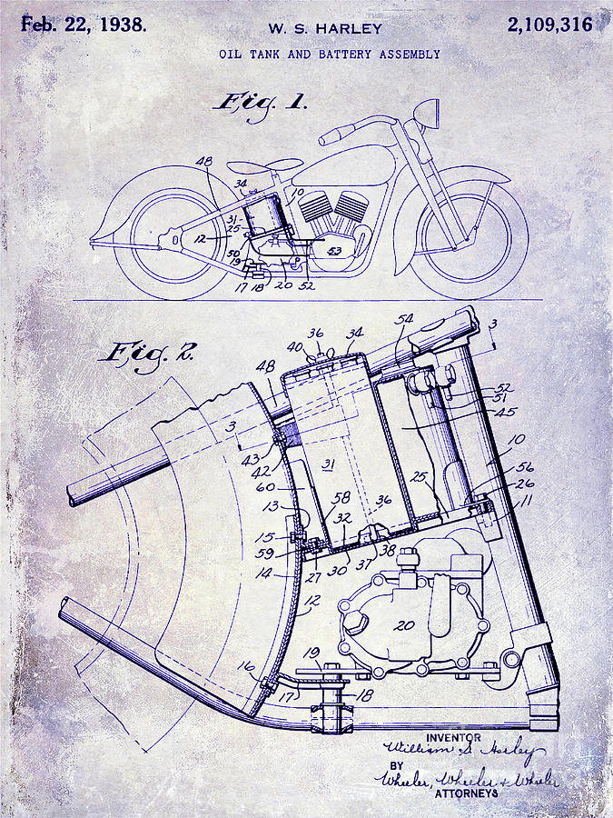 1938 Motorcycle Patent Blueprint Photograph by Jon Neidert