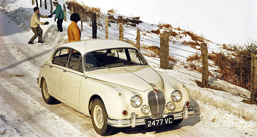 1965 Jaguar 3.8 Sedan With Family In Snowy Setting #2 Photograph by Retrographs