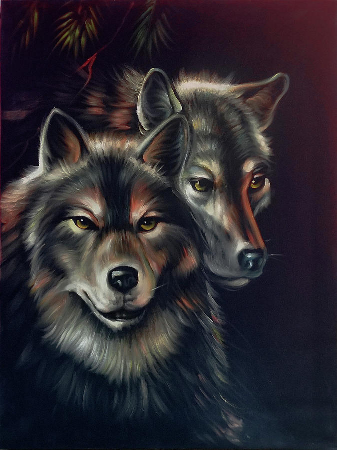2 Wolves Wild Wolf Portrait Painting By Santos