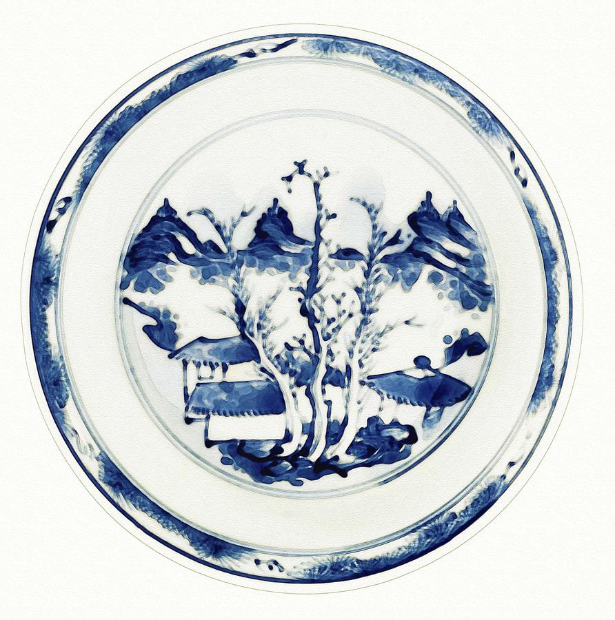 A BLUE AND WHITE  MASTER OF THE ROCKS  DISH watercolor by Ahmet Asar #1 Painting by Celestial Images