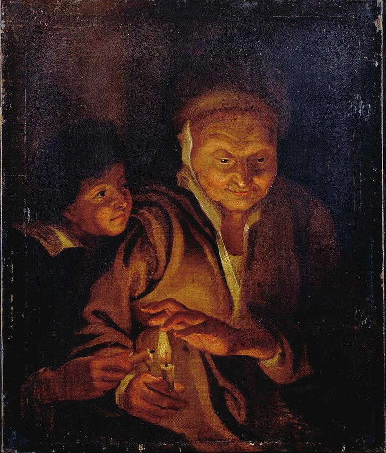 A Boy Lighting A Candle From One Held By An Old Woman Painting by Peter ...