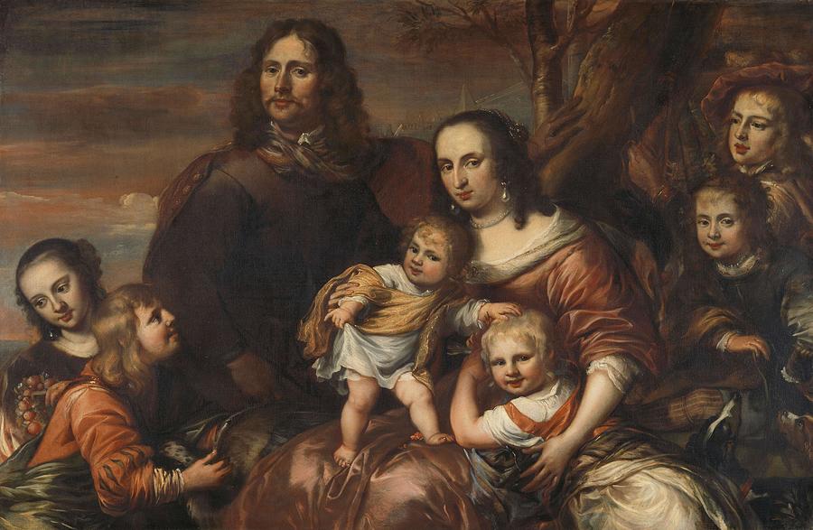 1650 Painting - A couple with six children. #1 by Jurgen Ovens