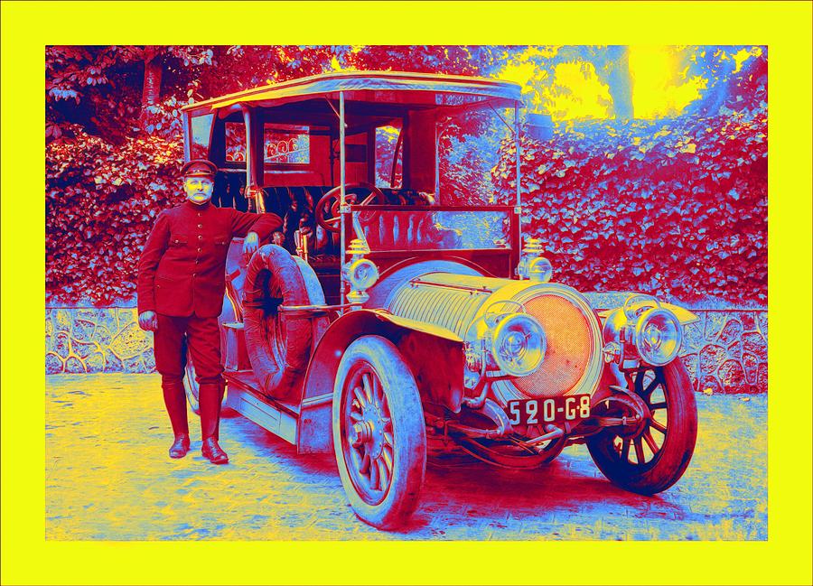 Portrait Painting - A Delaunay-Belleville limousine and chauffeur, somewhere in France. Neon art by Ahmet Asar #1 by Celestial Images