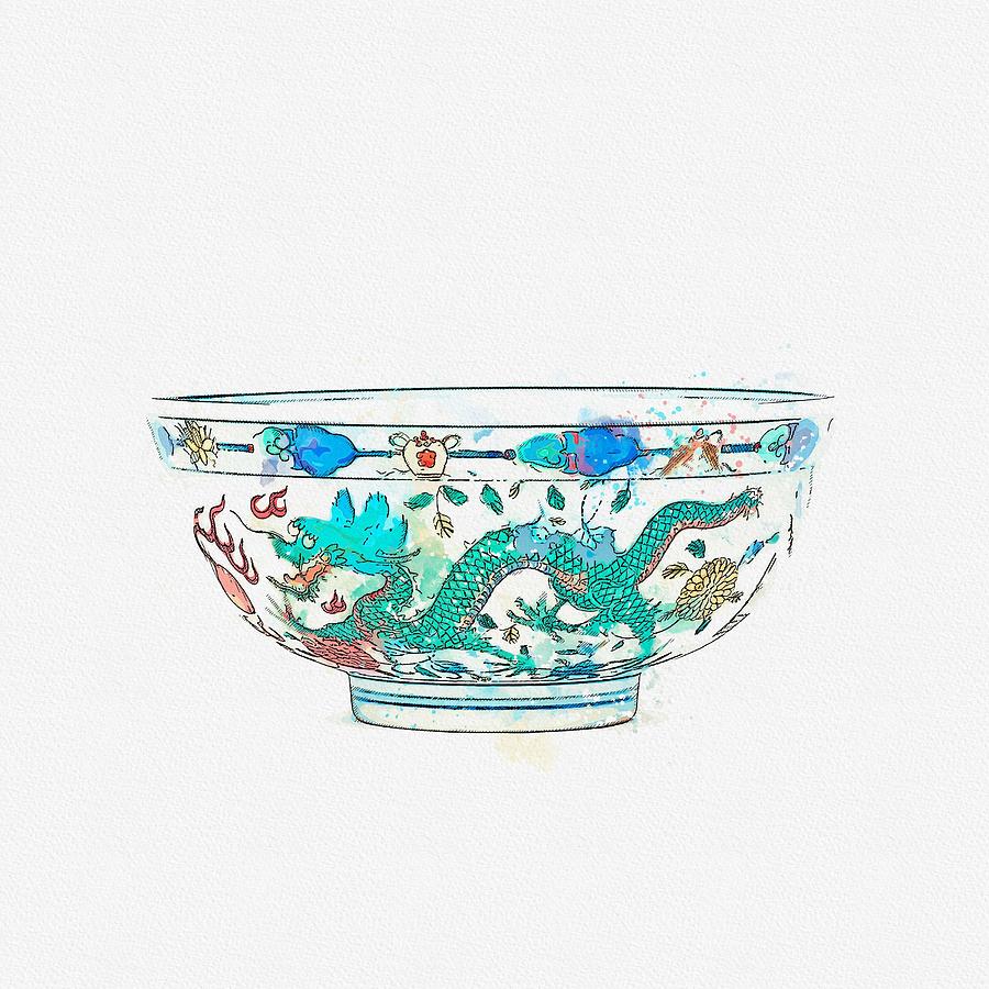 A FINE WUCAI  DRAGON AND PHOENIX BOWL watercolor by Ahmet Asar #1 Painting by Celestial Images