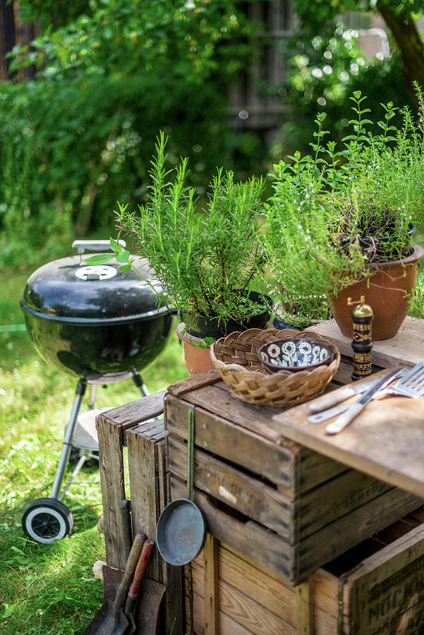 A Garden Kitchen With A Round Grill In A Summer Garden #1 Photograph by Sebastian Schollmeyer