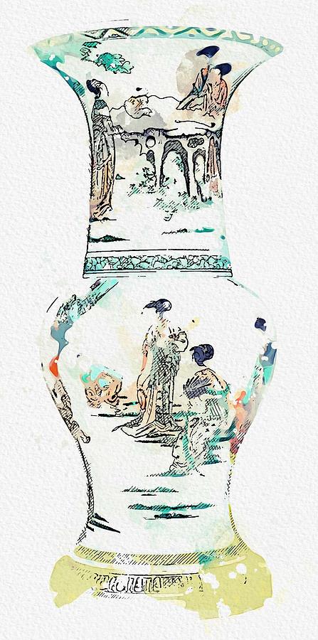 A GILT-BRONZE AND CLOISONNE ENAMEL GU-SHAPED VASE, MING DYNASTY, 16TH CENTURY watercolor by Ahmet As #1 Painting by Celestial Images