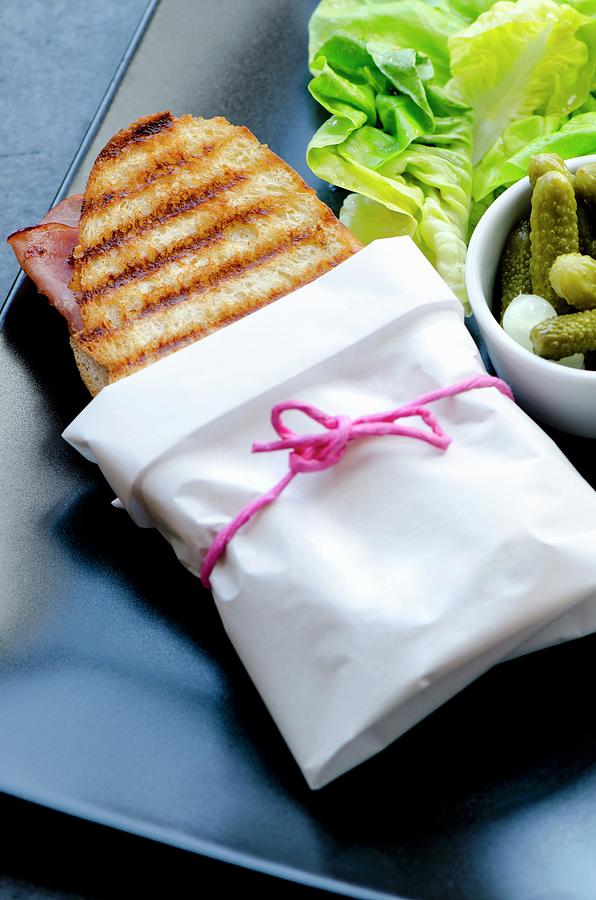 A Ham And Cheese Panini Wrapped In Paper #1 Photograph by Jamie Watson